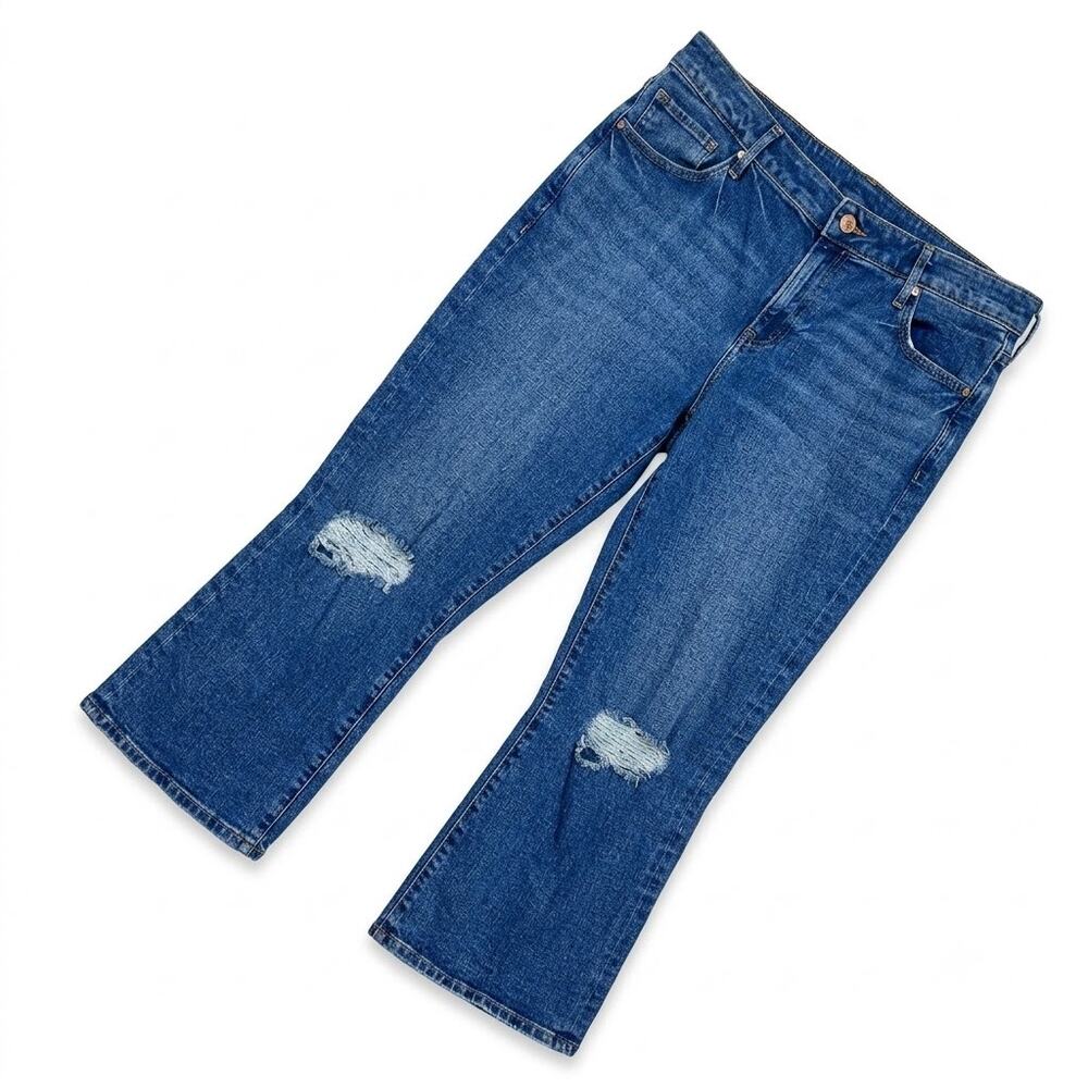EXPRESS Ripped Mid Rise 90s Ankle Boot Jeans Dark Wash Stretch Womens 14 14R